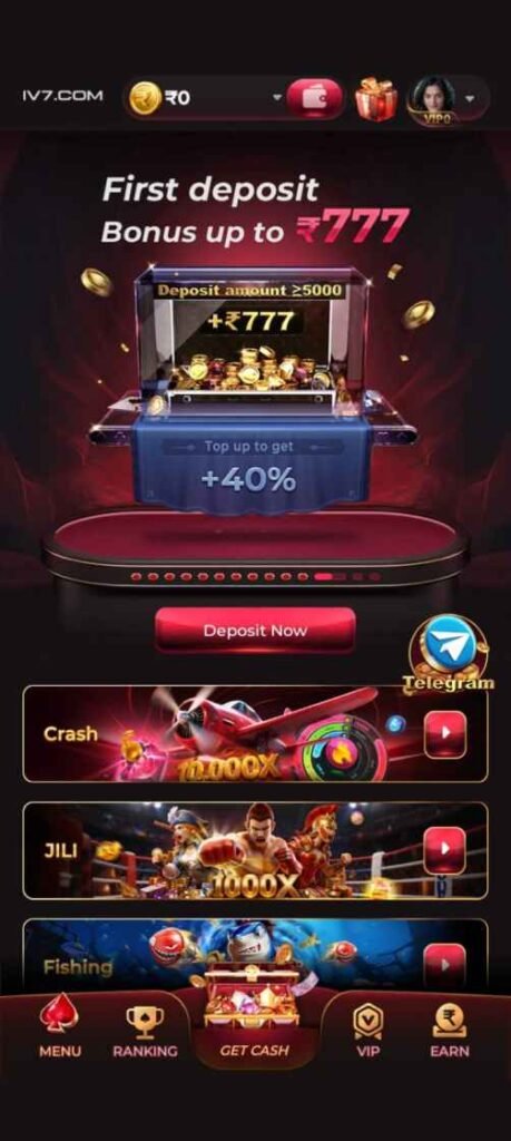 IV7 Game App bonus dashboard showing welcome rewards, daily check-in offers, and promotional events